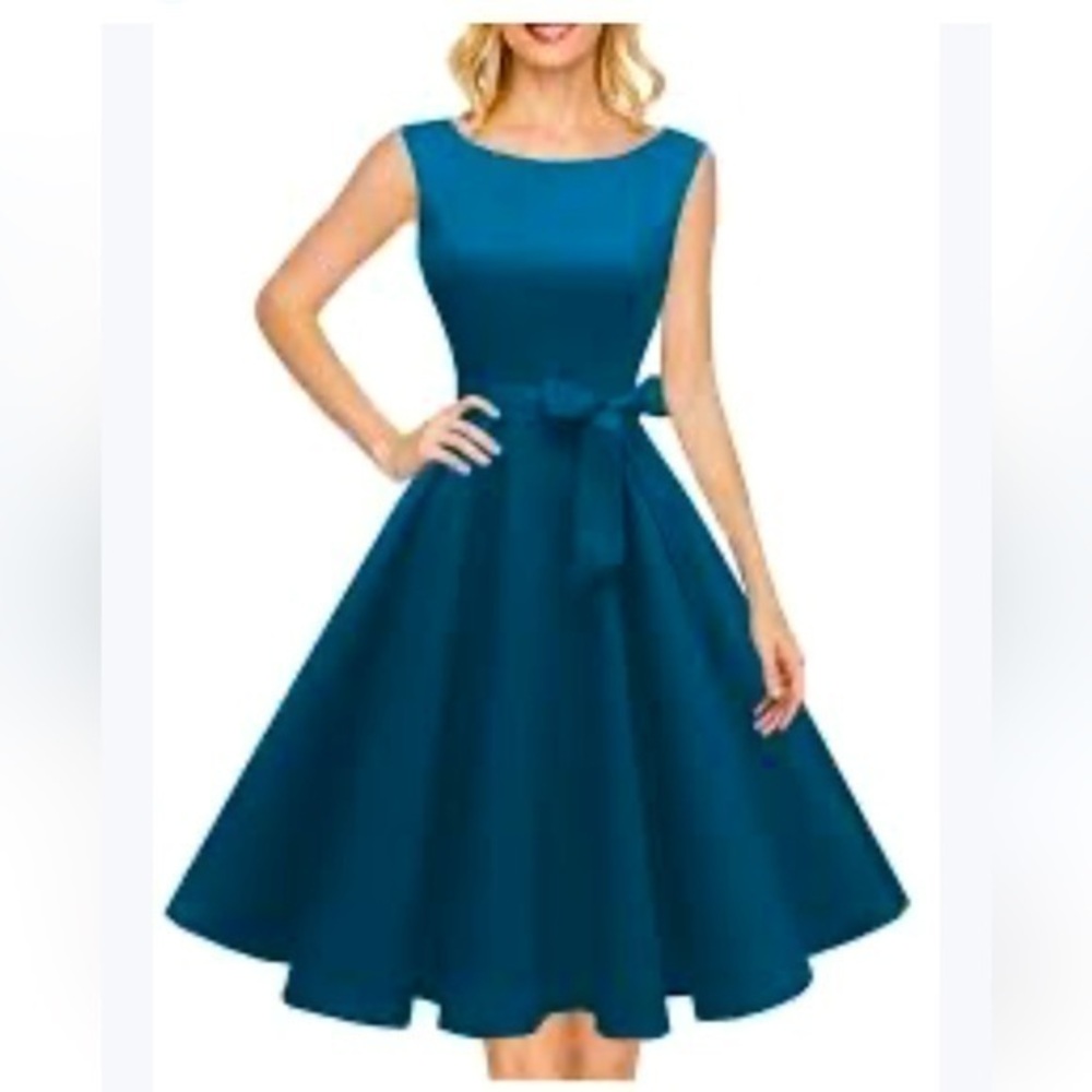 Hanpceirs Women's teal blue Boatneck Sleeveless Swing Dress size L